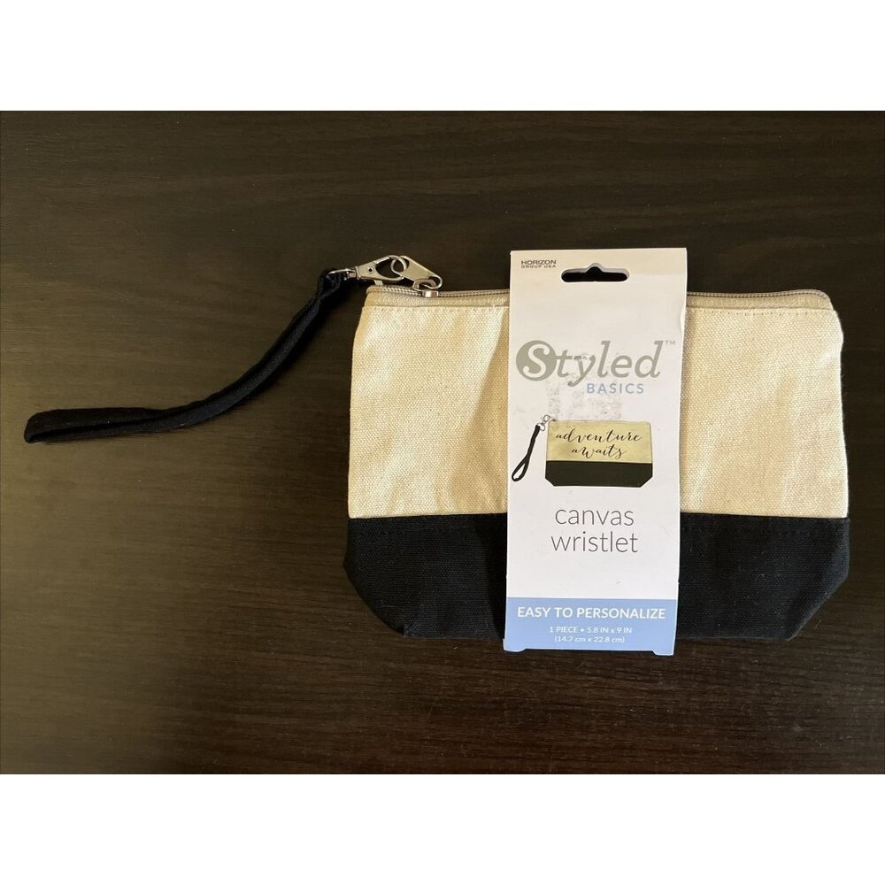 3 for $6 NWT Styled Basics Canvas Wristlet Beige Black Purse 5.8" x 9"